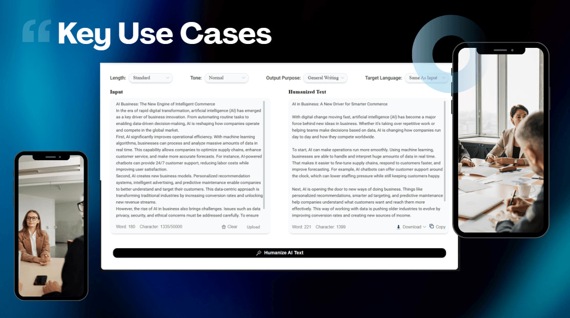 Professional AI humanization scenarios for enhancing reader trust and content quality.