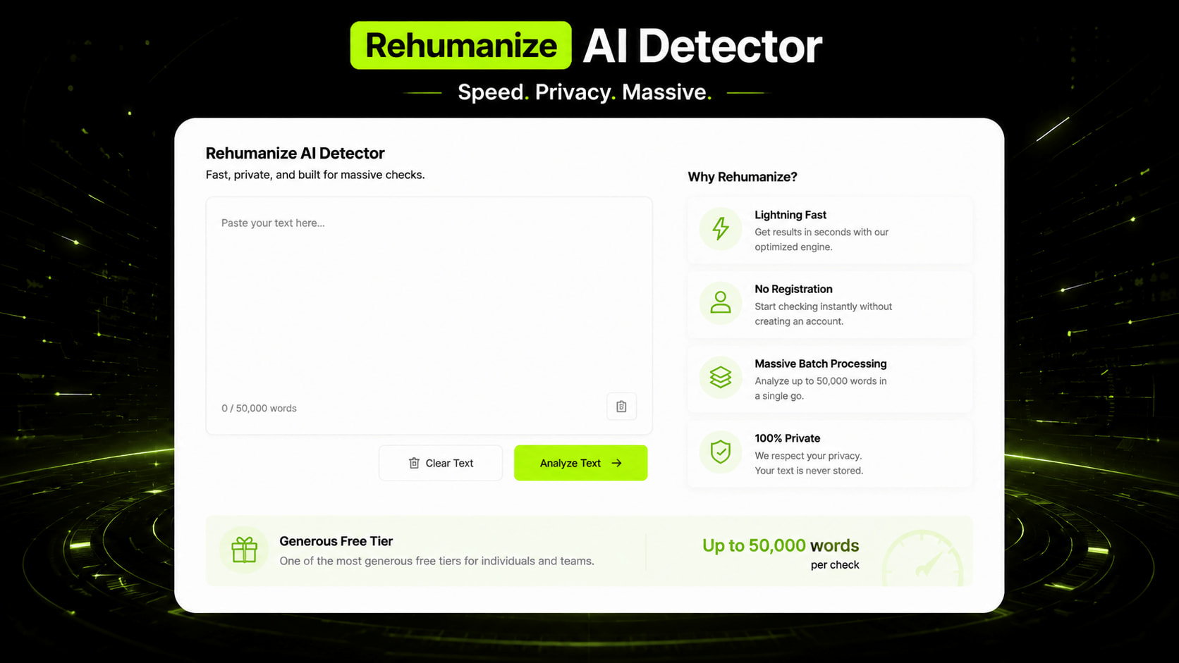 High-speed and private AI detection with a generous word limit.