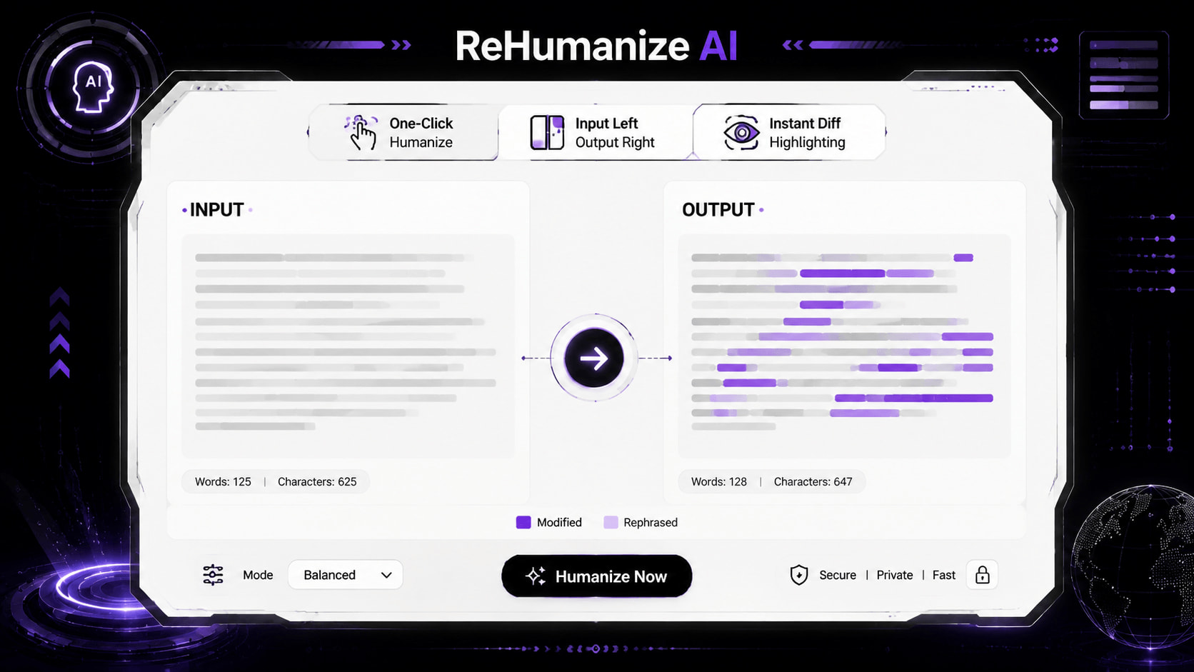 ReHumanize's minimalist interface with one-click transformation and visual diffs.